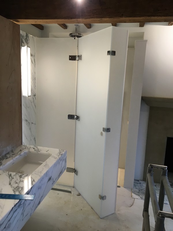 Bespoke frosted glass shower enclosure in Buckingham luxury bathroom
